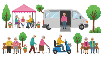 Naklejka premium senior citizens enjoying diverse outdoor activities using accessible transport and mobility aids illustrating active aging independence and comprehensive elderly care.