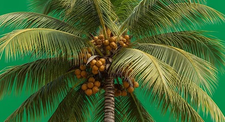 Fototapeta premium Closeup of a mature coconut palm tree with ripe coconuts against a vibrant green background.