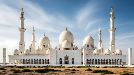 Grand white mosque with minarets, domes, archways, and details against a sunny blue sky