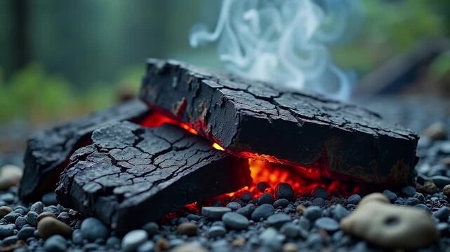 Black charcoal briquettes spill from a rustic, broken coconut shell onto a dark background, highlighting natural textures and organic forms.
