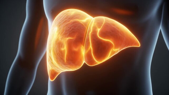 3D rendering of a glowing human liver within a translucent torso, highlighting its anatomical position and vital function.