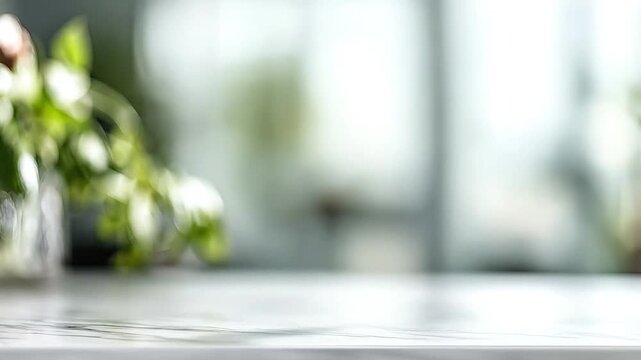 Empty white marble table surface with blurred green plant background