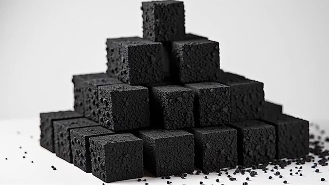 Numerous black, rough-textured cubes are stacked unevenly, forming a pile on a light surface, with scattered granular fragments around the base.