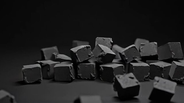 A striking low-key image featuring a pyramid of rough, dark grey textured cubes, with one cube balanced precariously on top, against a stark black background.