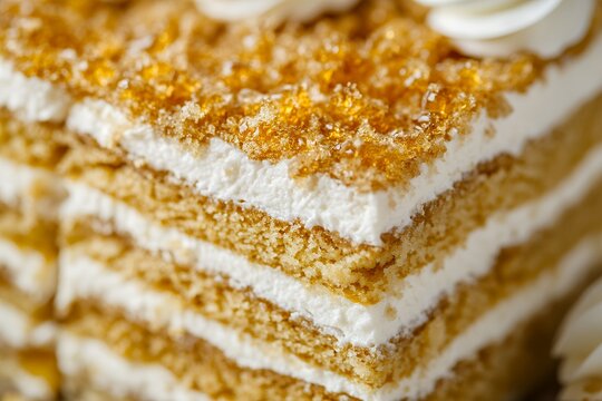 Macro closeup of layered Russian medovik honey cake dessert
