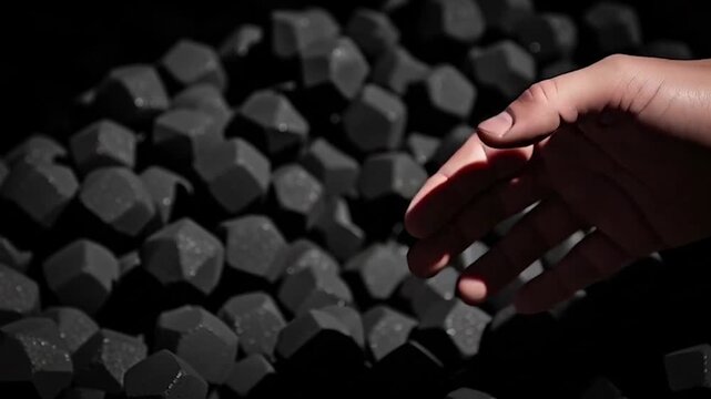 A hand holds a handful of dark, faceted, geometric briquettes, possibly charcoal or a similar material, with a pile of identical objects blurred in the background, highlighting their texture and form.
