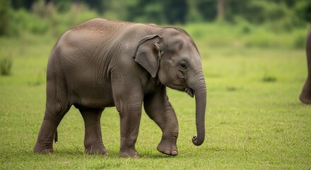 Obraz premium Elephant walking across a grassy field in natural daylight environment