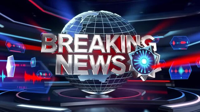 Breaking News Template intro for TV broadcast news show program with 3D breaking news text and badge, cyber and futuristic style.