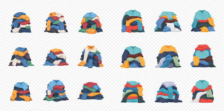 Large collection of untidy clothes piles, isolated vector illustration set.