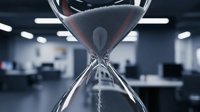 Hourglass with sand flowing in a modern office symbolizing time management and deadlines in business