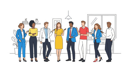 Obraz premium diverse business professionals collaborating in modern office discussing ideas symbolizing teamwork corporate culture communication