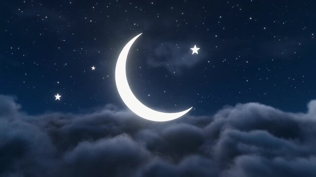Enchanting night sky illustration with a radiant crescent moon and sparkling stars softly illuminated above a mystical sea of dark, billowy clouds, perfect for dreamy themes