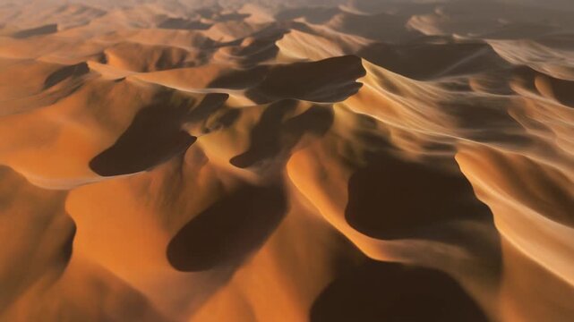 Vast desert landscape with rolling sand dunes under a warm, soft light, showcasing natural patterns and textures