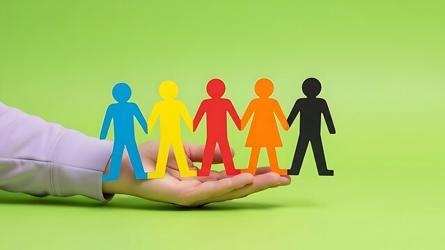 Hand holding diverse, paper cut-out figures representing unity and inclusivity on a green background