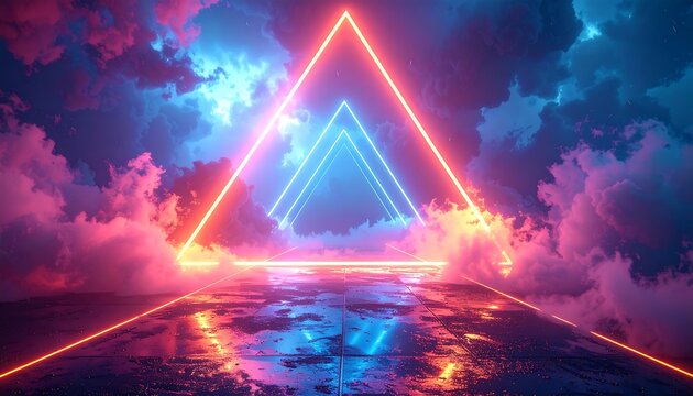 Glowing neon triangles illuminate a futuristic sky, reflecting on a wet surface with colorful, swirling clouds