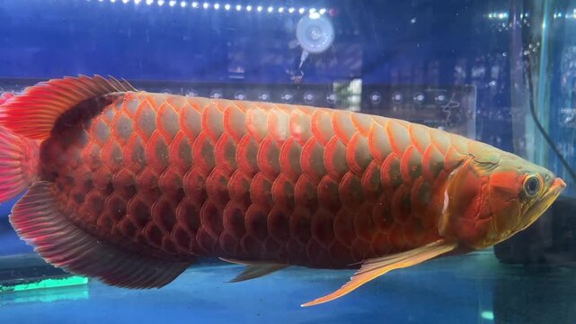 a large Super Red Arowana fish swimming in a blue-lit aquarium, showcasing its vibrant orange-red scales and large fins.