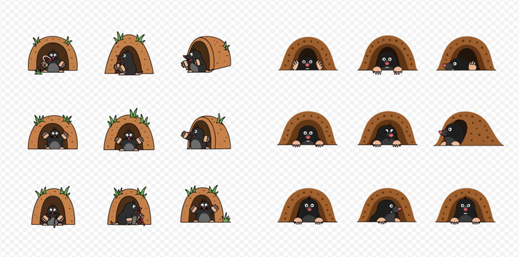 A collection of funny cartoon moles hiding and peeking from their burrows and molehills.