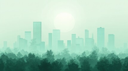 Fototapeta premium Minimalist green city skyline above forest silhouette in misty pastel flat illustration
