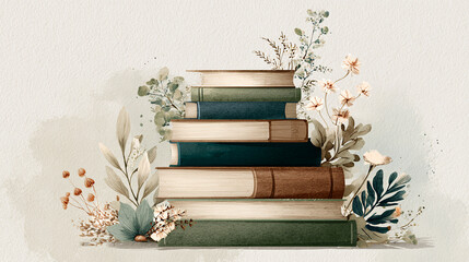 ksiąązki w starych okładkach, stos książek ilustracja retro, vintage, rośliny