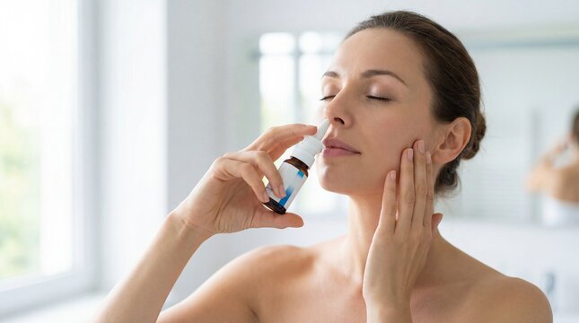 Woman applying nasal spray while looking in mirror in bathroom  