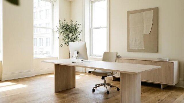 Modern Minimalist Office Interior with Natural Light and Wooden Furniture.
