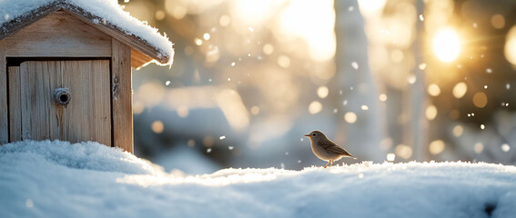 Fototapeta premium A serene winter scene with a bird near a snow-covered birdhouse.