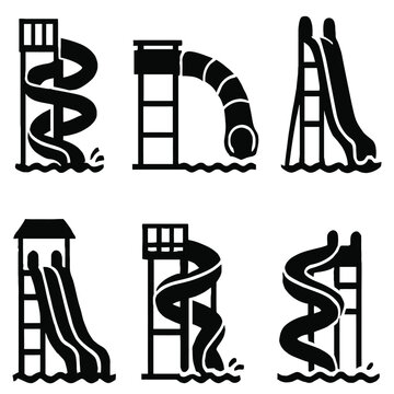 Water Slide Icon Set - Amusement Park Tube and Spiral Playground Silhouettes, Black Vector on White