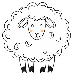 Fototapeta premium Cute sheep outline illustration with curly fur and smiling face simple cartoon style, line art vector design for Easter or farm animal theme