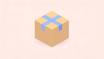 Obraz premium Isometric view of a wrapped box. A light brown cardboard package is sealed with a blue cross, set on a peach background