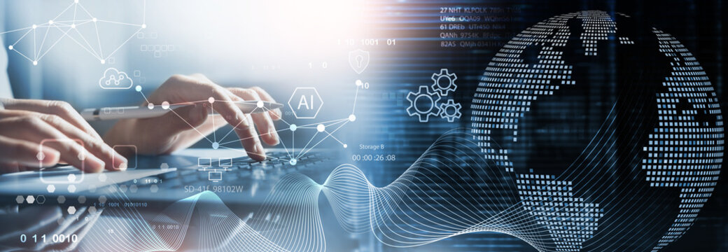 AI technology, Data engineering. Computer programmer, software engineer using digital tablet with AI for data analytics with database management and network server, technology background