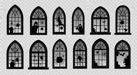 Obraz premium Spooky gothic windows with broken glass and creepy silhouettes