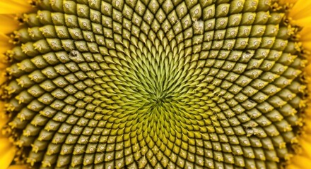 Close-up of a sunflower head showcasing intricate spiral patterns and textures.