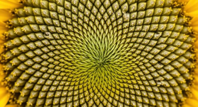 Close-up of a sunflower head showcasing intricate spiral patterns and textures.