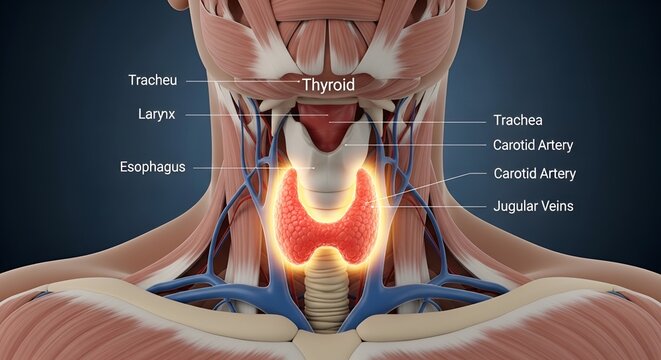 Anatomical illustration of the human thyroid gland and surrounding neck structures.