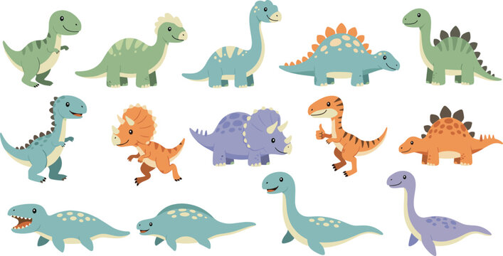 Cute dinosaur cartoon character collection with triceratops stegosaurus trex and brachiosaurus for kids education game design vector illustration set.