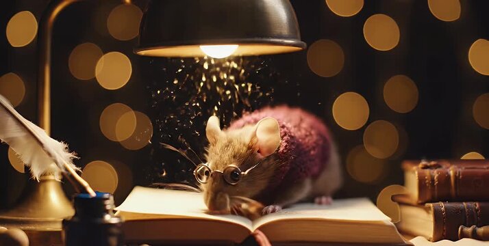 A whimsical mouse wearing spectacles studies an ancient book under a warm desk lamp, surrounded by old volumes and a quill pen, with magical dust falling.