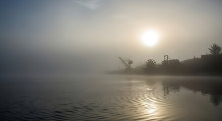 Obraz premium Foggy industrial waterfront scene with sunrise