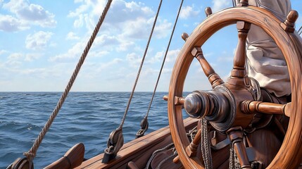 A ship's wheel on a sailing vessel against a serene ocean backdrop.