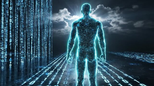 A digital human figure created from binary code stands at the forefront of a futuristic data landscape viewed from behind