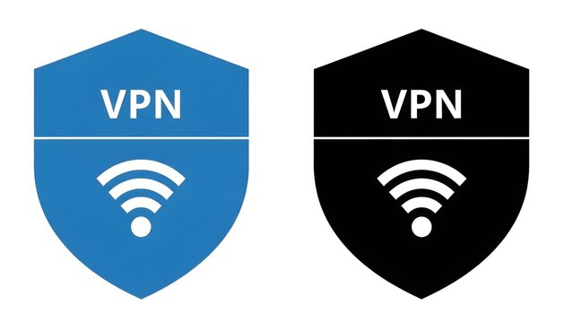 Two VPN shield icons in blue and black on transparent background for secure online protection