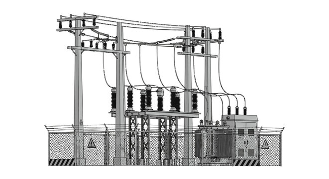 electrical power substation line art showing high voltage lines utility poles and transformers infrastructure for the energy grid.