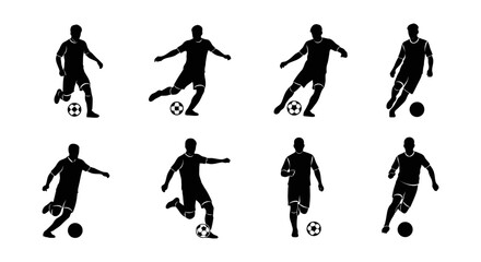 dynamic collection of male soccer player silhouettes in various action poses with footballs perfect for illustrating competitive sports and athleticism.