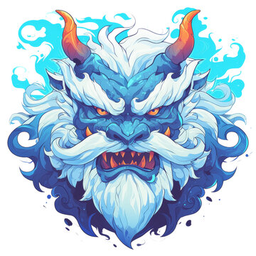 A detailed illustration of a fierce blue and white mythical beast's head with orange horns and glowing red eyes.