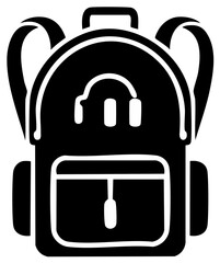 Stylish Backpack with Headphones for travel, school, tourism, and modern lifestyle in isolated black and white vector design