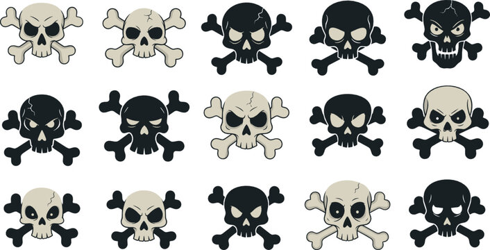 Cartoon skull and crossbones characters set with expressive faces representing danger, pirate themes, and spooky symbols illustrated in playful flat vector style