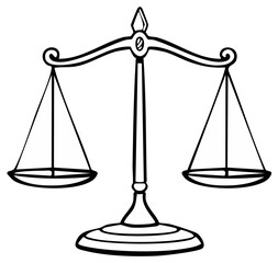 Hand-drawn illustration of balanced justice scales, symbolizing fairness and legal judgment.