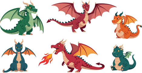 Obraz premium Fantasy dragon cartoon character collection with different poses fire breathing wings and cute medieval creature vector illustration set.