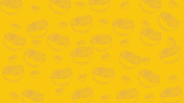 Food doodle art pattern of yellow background bowls with delicious ramen. Suitable for food blogs, menus, packaging design, and social media posts.