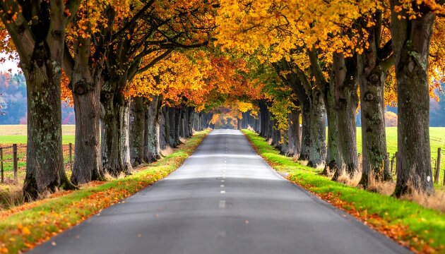 Autumn road tunnel Straight road framed by trees with vibrant fall foliage, leading to a distant vanishing point