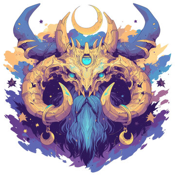 Ornate mystical ram's head deity with golden horns, blue beard, and cosmic background.